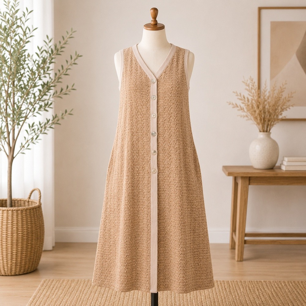 NWT Dennis Basso Long Knit Vest Women XSP Tan Pointelle Button Front Sleeveless
